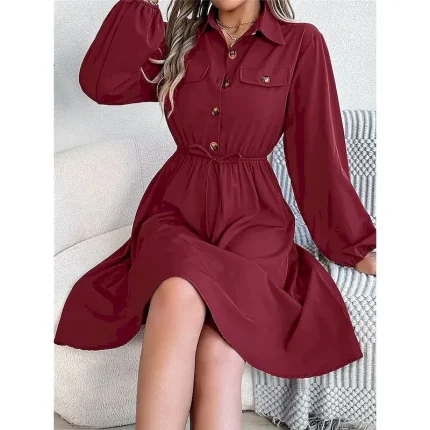 Women's Casual Dress Midi Dress Buttons Casual Shirt Collar Long Sleeve Wine Blue Khaki Color - Image 6