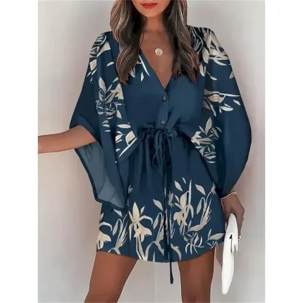 Women's Casual Dress Floral Leaf Button Drawstring V Neck Mini Dress Hawaiian Stylish Daily Vacation 3/4 Length Sleeve Summer - Image 3