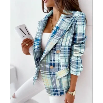 Women's Blazer Plaid Print Coat Pink Camel Dusty Blue Elegant Daily Fall Double Breasted Notch lapel collar Regular Fit S M L XL XXL / Thermal Warm / Plaid / Check - Image 3
