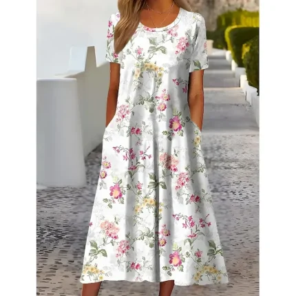 Women's Midi Dress T Shirt Dress Tee Dress Shift Dress Summer Dress Formal Vacation Daily Regular Fit Floral Short Sleeve Crew Neck White Light Green Pink Blue Summer Spring