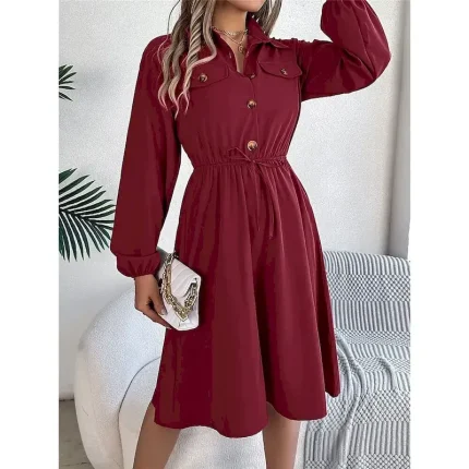 Women's Casual Dress Midi Dress Buttons Casual Shirt Collar Long Sleeve Wine Blue Khaki Color - Image 3
