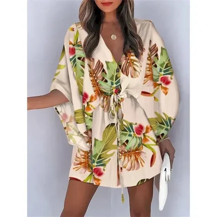 Women's Casual Dress Floral Leaf Button Drawstring V Neck Mini Dress Hawaiian Stylish Daily Vacation 3/4 Length Sleeve Summer - Image 5