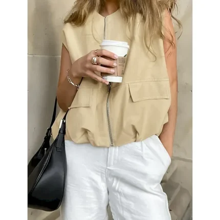Women's Vest Comfortable Breathable Zipper Pocket Casual Plain Vacation Street Casual Daily Wear Zipper Short V Neck Regular Fit Sleeveless Outerwear Khaki Summer Spring - Image 6