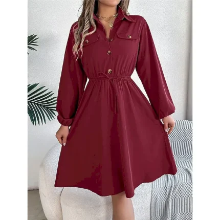 Women's Casual Dress Midi Dress Buttons Casual Shirt Collar Long Sleeve Wine Blue Khaki Color - Image 4