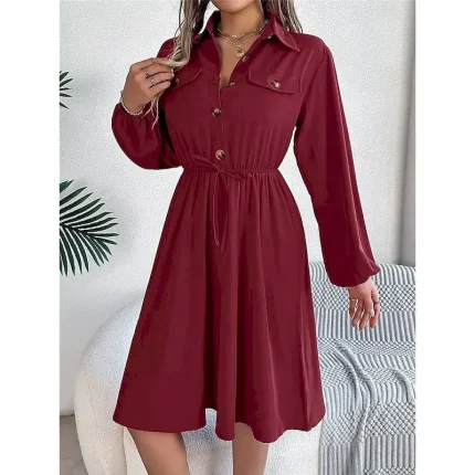 Women's Casual Dress Midi Dress Buttons Casual Shirt Collar Long Sleeve Wine Blue Khaki Color - Image 5