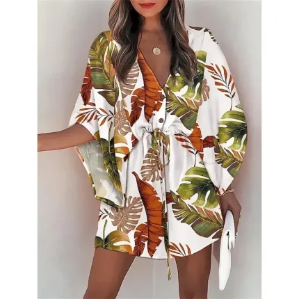 Women's Casual Dress Floral Leaf Button Drawstring V Neck Mini Dress Hawaiian Stylish Daily Vacation 3/4 Length Sleeve Summer - Image 6