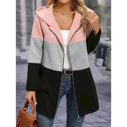 Women's Hoodie Jacket Comfortable Breathable Patchwork Zipper Pocket Casual Stripe Vacation Street Casual Daily Wear Zipper Regular Hooded Loose Fit Long Sleeve Outerwear White Pink Red Spring Fall - Image 5