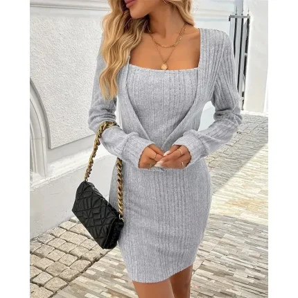 Women's Mini Dress Knit Dress Casual Dress Sheath Dress Fashion Outdoor Party Holiday Regular Fit Plain Long Sleeve Crew Neck Light Grey Fall - Image 3