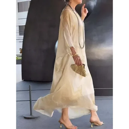 Women's Long Dress Maxi Dress Cocktail Dress Wedding Guest Dress Chiffon Fashion Modern Outdoor Vacation Loose Fit Marble Long Sleeve Crew Neck Yellow Blue Gray Summer Spring - Image 5