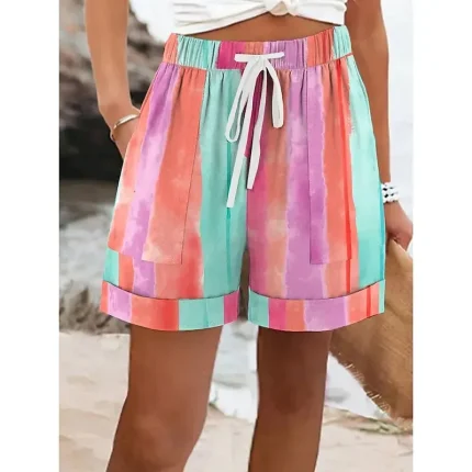 Women's Shorts Vacation Vintage Casual Short Mid Waist Graphic Striped Abstract Elastic Waist Vacation Street Violet Fuchsia Orange Summer Spring Regular Fit