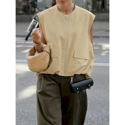 Women's Vest Comfortable Breathable Zipper Pocket Casual Plain Vacation Street Casual Daily Wear Zipper Short V Neck Regular Fit Sleeveless Outerwear Khaki Summer Spring - Image 4