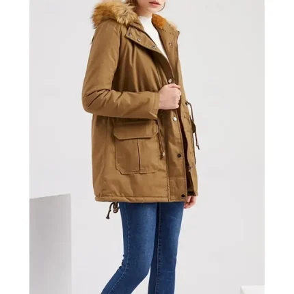 Women's Winter Coat Parka Warm Comfortable Zipper Pocket Fur Collar Casual Plain Vacation Daily Wear Going out Weekend Regular Hooded Regular Fit Long Sleeve Outerwear Black Wine Khaki Fall Winter - Image 3