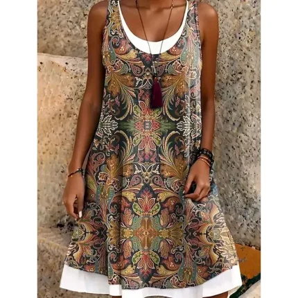 Women's Mini Dress T Shirt Dress Tee Dress Sundress A Line Dress Vacation Casual Boho Daily Loose Fit Floral Graphic Paisley Sleeveless U Neck Orange Green Summer Spring - Image 2