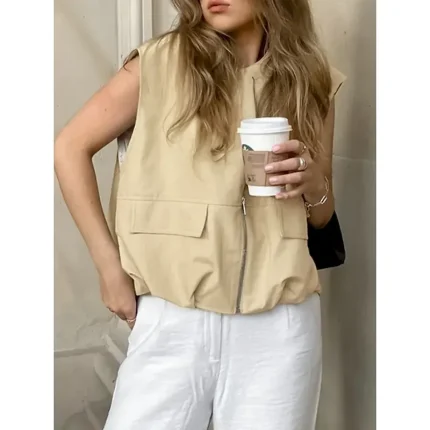 Women's Vest Comfortable Breathable Zipper Pocket Casual Plain Vacation Street Casual Daily Wear Zipper Short V Neck Regular Fit Sleeveless Outerwear Khaki Summer Spring - Image 3