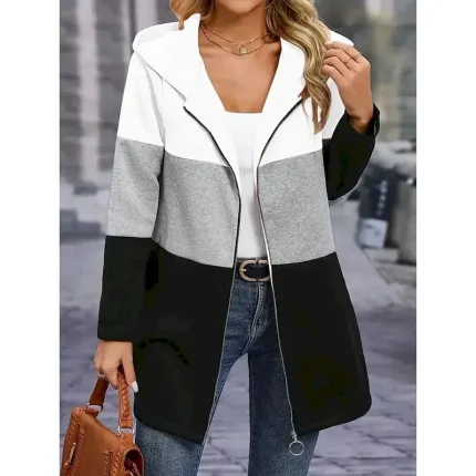 Women's Hoodie Jacket Comfortable Breathable Patchwork Zipper Pocket Casual Stripe Vacation Street Casual Daily Wear Zipper Regular Hooded Loose Fit Long Sleeve Outerwear White Pink Red Spring Fall - Image 3
