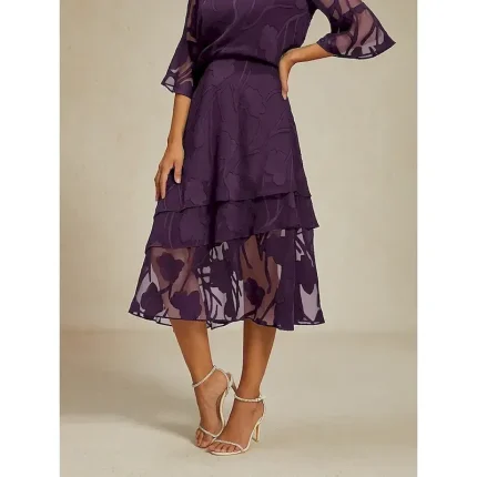 Women's Skirt Elegant Midi Mid Waist Skirts Floral Layered Inelastic Party Causal Eggplant Summer Chiffon