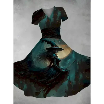 Halloween Women's Bloodstain Print Midi Dress A Line Dress Dress Fit And Flare Dress Party Casual Daily Holiday Regular Fit Graphic Abstract Short Sleeve V Neck Deep Green White Wine Red Fall - Image 4