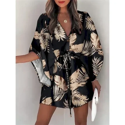 Women's Casual Dress Floral Leaf Button Drawstring V Neck Mini Dress Hawaiian Stylish Daily Vacation 3/4 Length Sleeve Summer - Image 4