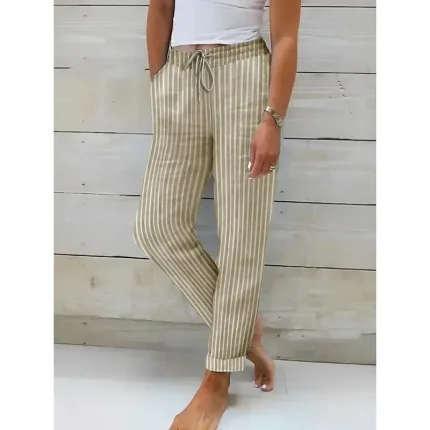 Women's Cotton Linen Pants Pants Trousers Streetwear Casual Long High Waist Stripe Pocket Printing Elastic Drawstring Design Breathability Soft Micro-elastic Vacation Street Daily Wear Black Pink - Image 4