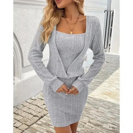 Women's Mini Dress Knit Dress Casual Dress Sheath Dress Fashion Outdoor Party Holiday Regular Fit Plain Long Sleeve Crew Neck Light Grey Fall - Image 4
