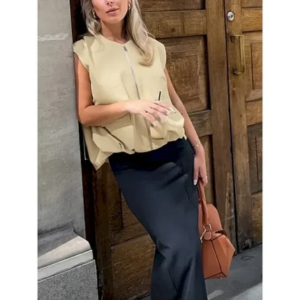 Women's Vest Comfortable Breathable Zipper Pocket Casual Plain Vacation Street Casual Daily Wear Zipper Short V Neck Regular Fit Sleeveless Outerwear Khaki Summer Spring - Image 5