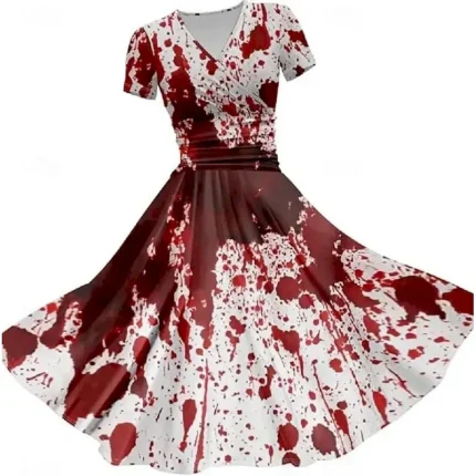 Halloween Women's Bloodstain Print Midi Dress A Line Dress Dress Fit And Flare Dress Party Casual Daily Holiday Regular Fit Graphic Abstract Short Sleeve V Neck Deep Green White Wine Red Fall - Image 3