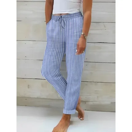 Women's Cotton Linen Pants Pants Trousers Streetwear Casual Long High Waist Stripe Pocket Printing Elastic Drawstring Design Breathability Soft Micro-elastic Vacation Street Daily Wear Black Pink - Image 5